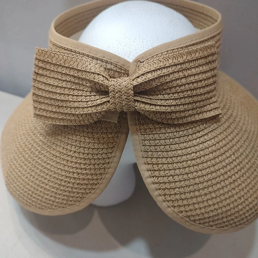 Women Wide Brim Hand‎ Painted Paper Hat Adjustable Open Top Sweat Band Brown Bow